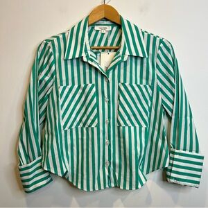 La Cime Multi-Stripe Crop Boxy Button Up Dress Shirt Green White